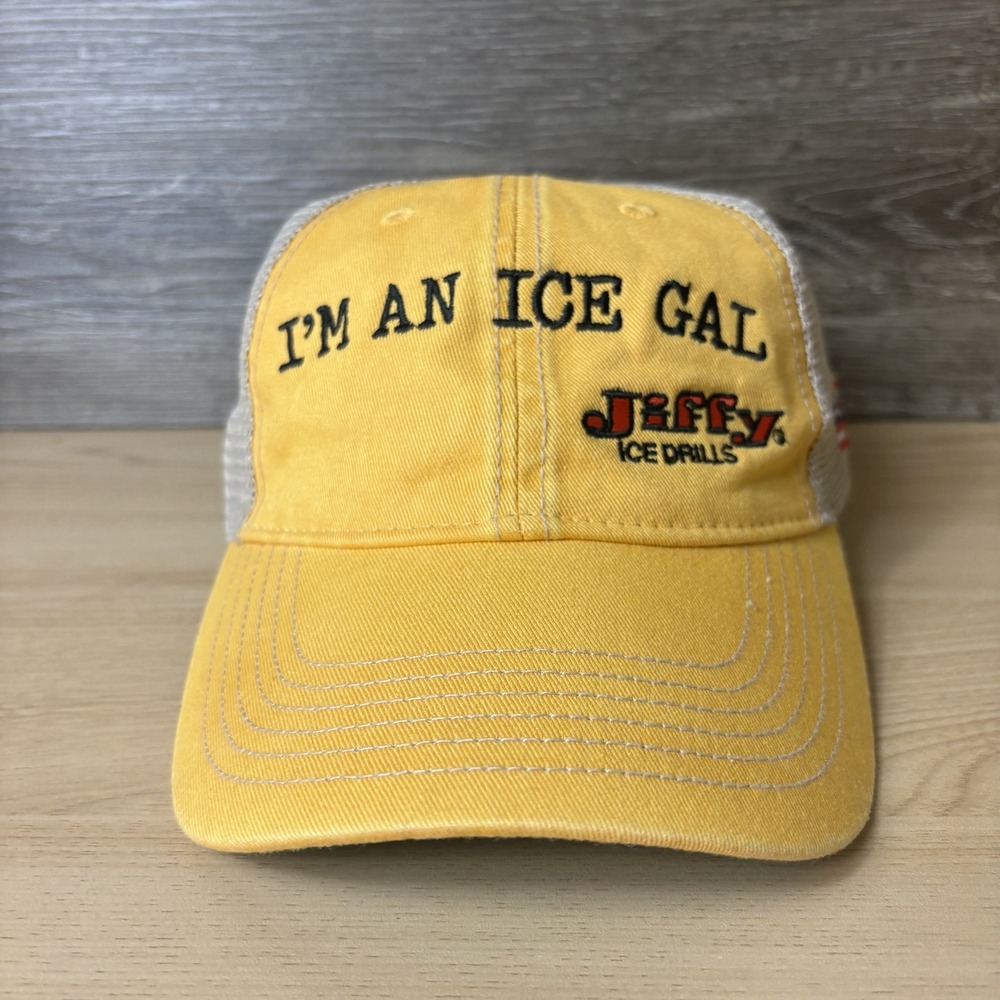 Jiffy Ice Drills Hat Cap Snap Back Yellow Mesh Trucker Embroidered Slogan Womens